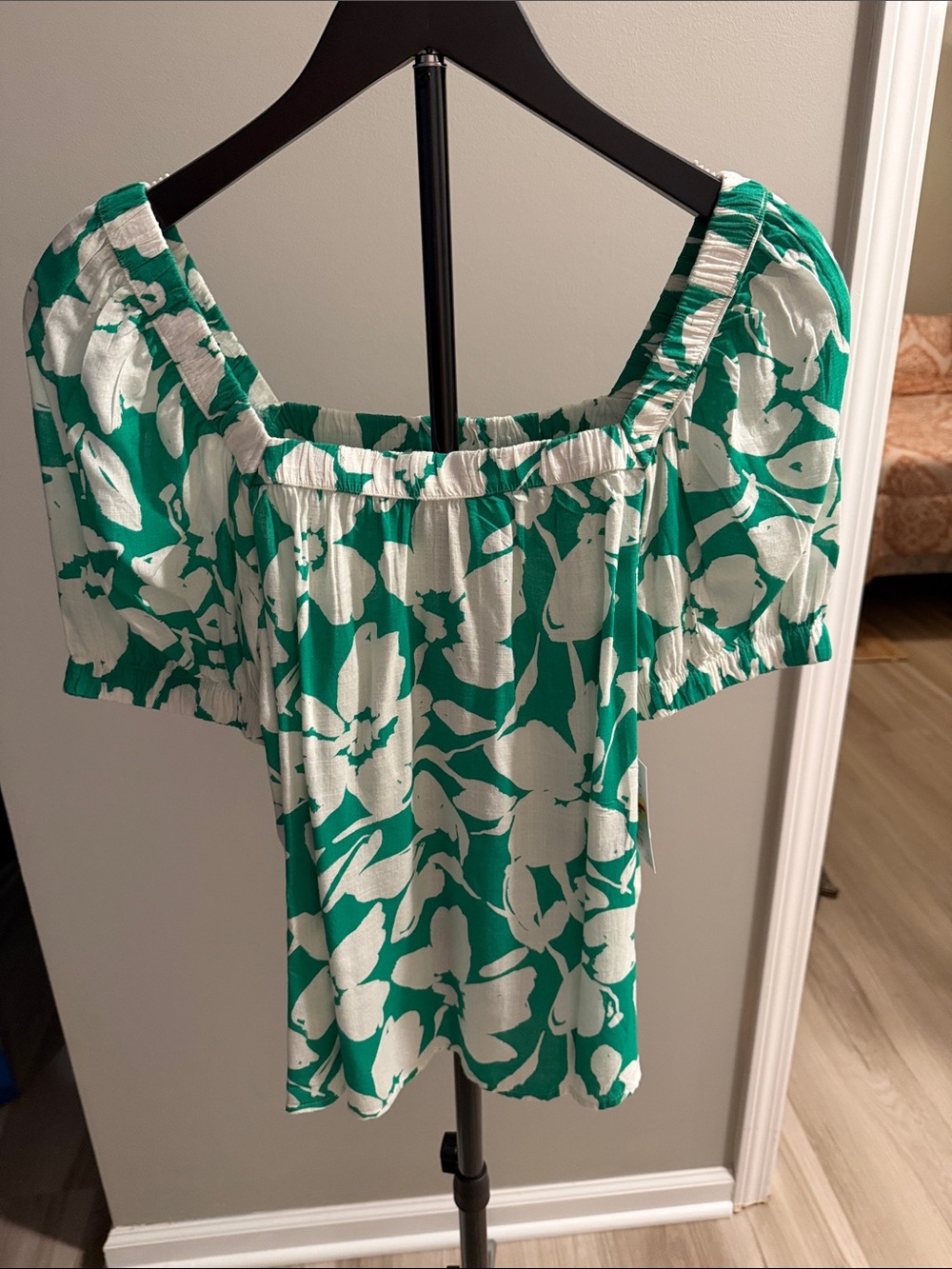 Sonoma Green and White Floral Square-Neck Blouse